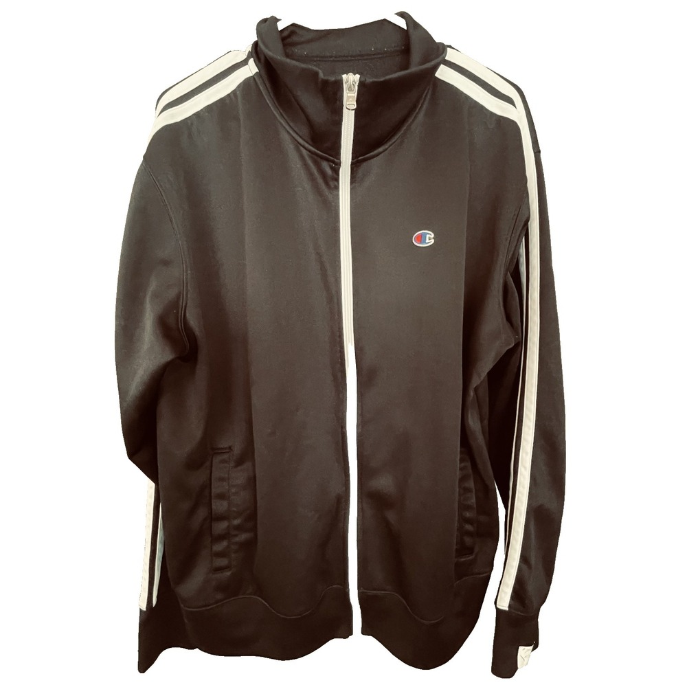 Champion Vintage Mens Black Track Warm Up Jacket 2 Stripe Logo Zip Up XL